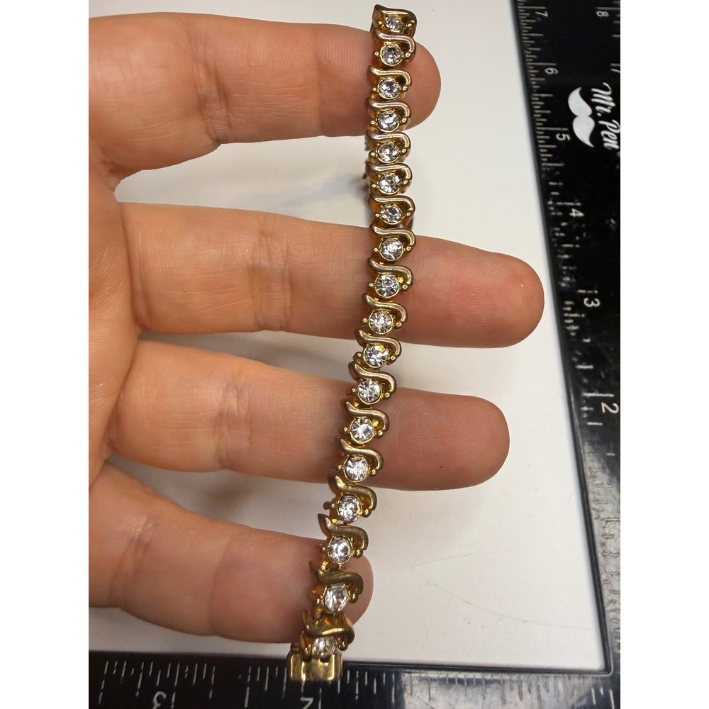 Gold Tone S-Link Tennis Bracelet Clear Round Cut Crystals 7.25 Inch